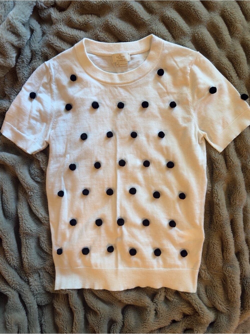 Kate Spade New York Polka Dot 3D Pom Pom Short Sleeve Knit Sweater | Size XS